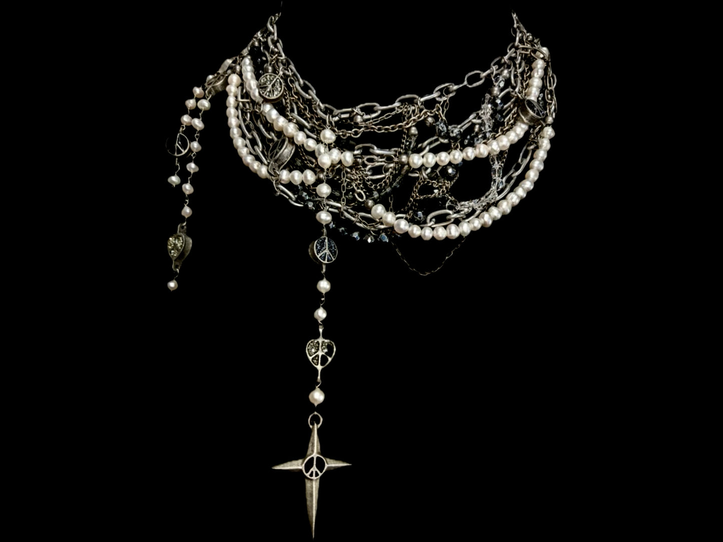 ‘TWISTED ROCK ‘N’ ROLL SISTER’…CHOKER / NECKLACE WITH PEARLS…ANTQ SILVER CHAINS…FAUX PEARLS…SWAROVSKI CRYSTALS…’PEACE CROSS PENDANT’…