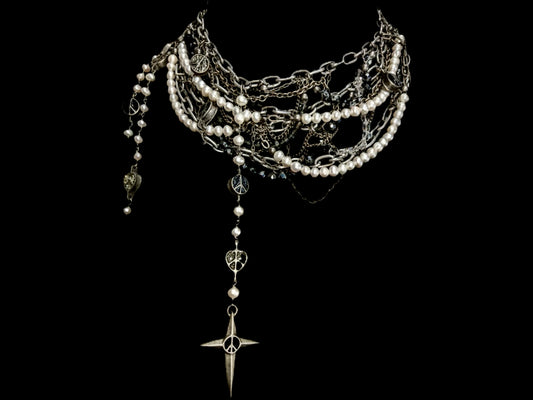 ‘TWISTED ROCK ‘N’ ROLL SISTER’…CHOKER / NECKLACE WITH PEARLS…ANTQ SILVER CHAINS…FAUX PEARLS…SWAROVSKI CRYSTALS…’PEACE CROSS PENDANT’…