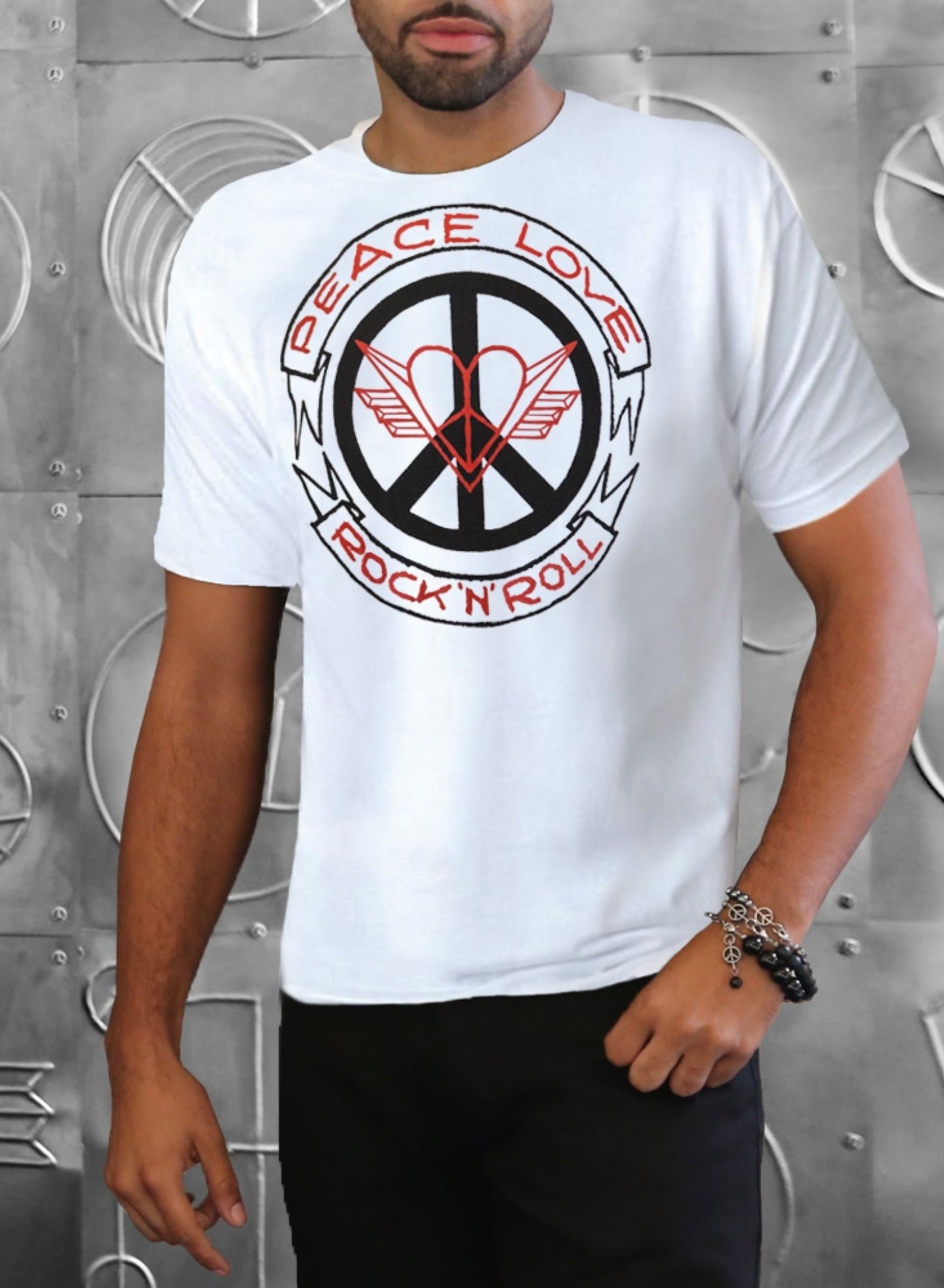 ‘PEACE LOVE ROCK 'N' ROLL’ LOGO…RED GLITTER…MEN’S SHORT SLEEVE CREW