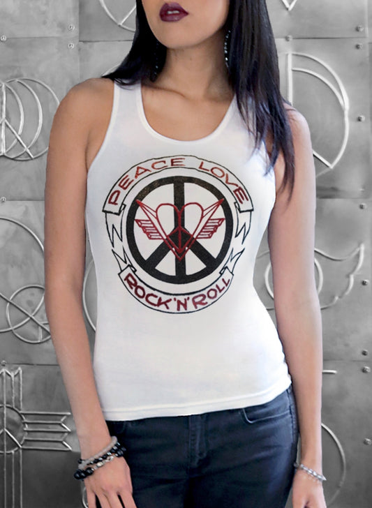 ‘PEACE LOVE ROCK 'N' ROLL’ LOGO…RED INK…WOMEN’S RIBBED TANK TOP…