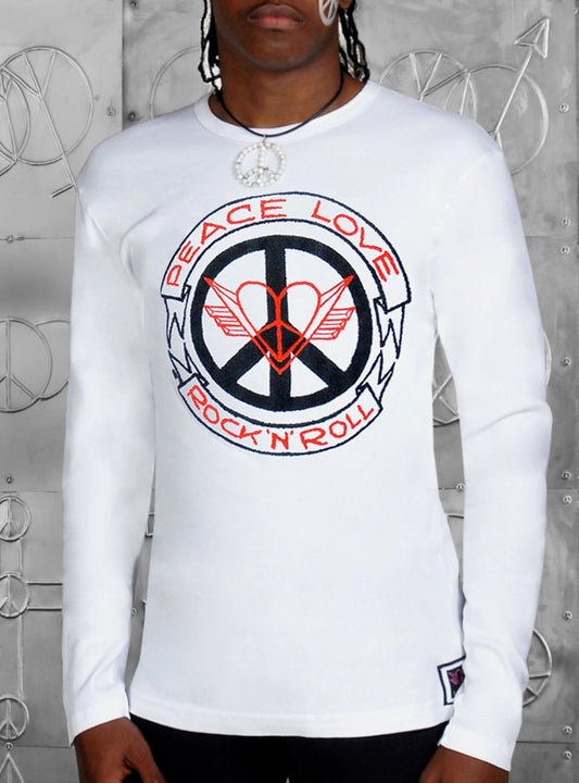 ‘PEACE LOVE ROCK 'N' ROLL LOGO’…RED INK…MEN’S LONG SLEEVE CREW…