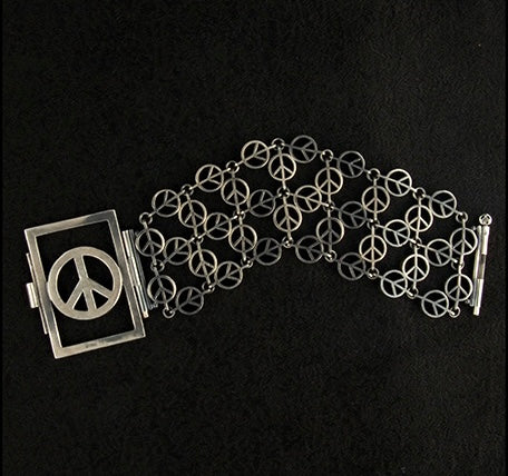 ‘PEACE PEARL MESH CUFF’ WITH  ‘PEACE SYMBOL IN FRAME’ DETAIL…STERLING SILVER…