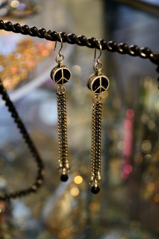 Cloisonné ‘Peace-Pearl’ Chain Earrings…Antique Silver & Black…