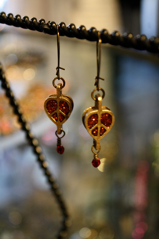 Cloisonné ‘Peace-Heart-Pearl’ Earrings…Antique Bronze Metal…Fuchsia Glitter Inlay…