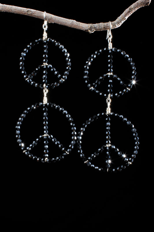 ‘Peace-Double-Hoop-Earrings…Black Swarovski Crystals…Sterling Silver Wires…