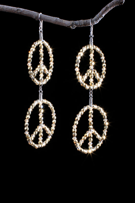 ‘Peace-Double-Hoop-Earrings’…Champagne Swarovski Crystals…Silver Wire…