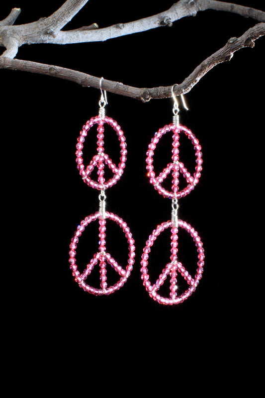 ‘Peace-Double-Hoop-Earrings’…PINK Swarovski Crystals…Sterling Silver Wire…