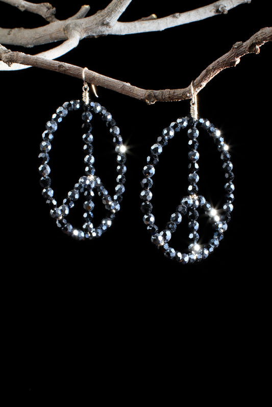 ‘Peace-Hoop-Earrings’…Swarovski Hematite & Jet-Black Crystal 6mm Beads…Silver Sterling Wire…