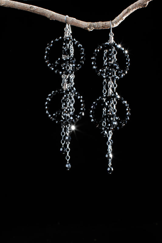‘Peace-Waterfall-Earrings’…Black Swarovski Crystals…Sterling Silver Wiring…