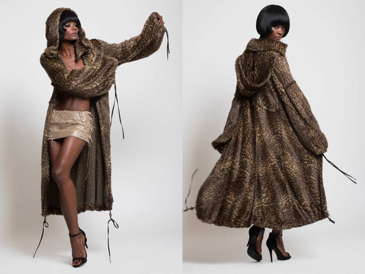 ‘THE ULTIMATE DUFFLE COAT’…DARK AND LIGHT BABY LEOPARD’…‘HU-mane FUR’ THE FINEST FAUX FUR ON THE PLANET…