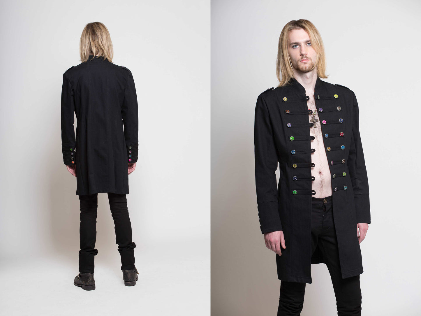 ‘THE JGERARD 39-BUTTON PEACE-MILITARY JACKET’…BLACK DENIM…CLOISONNÉ GLITTER MULTI-COLOURED BUTTONS…AWESOME FIT…