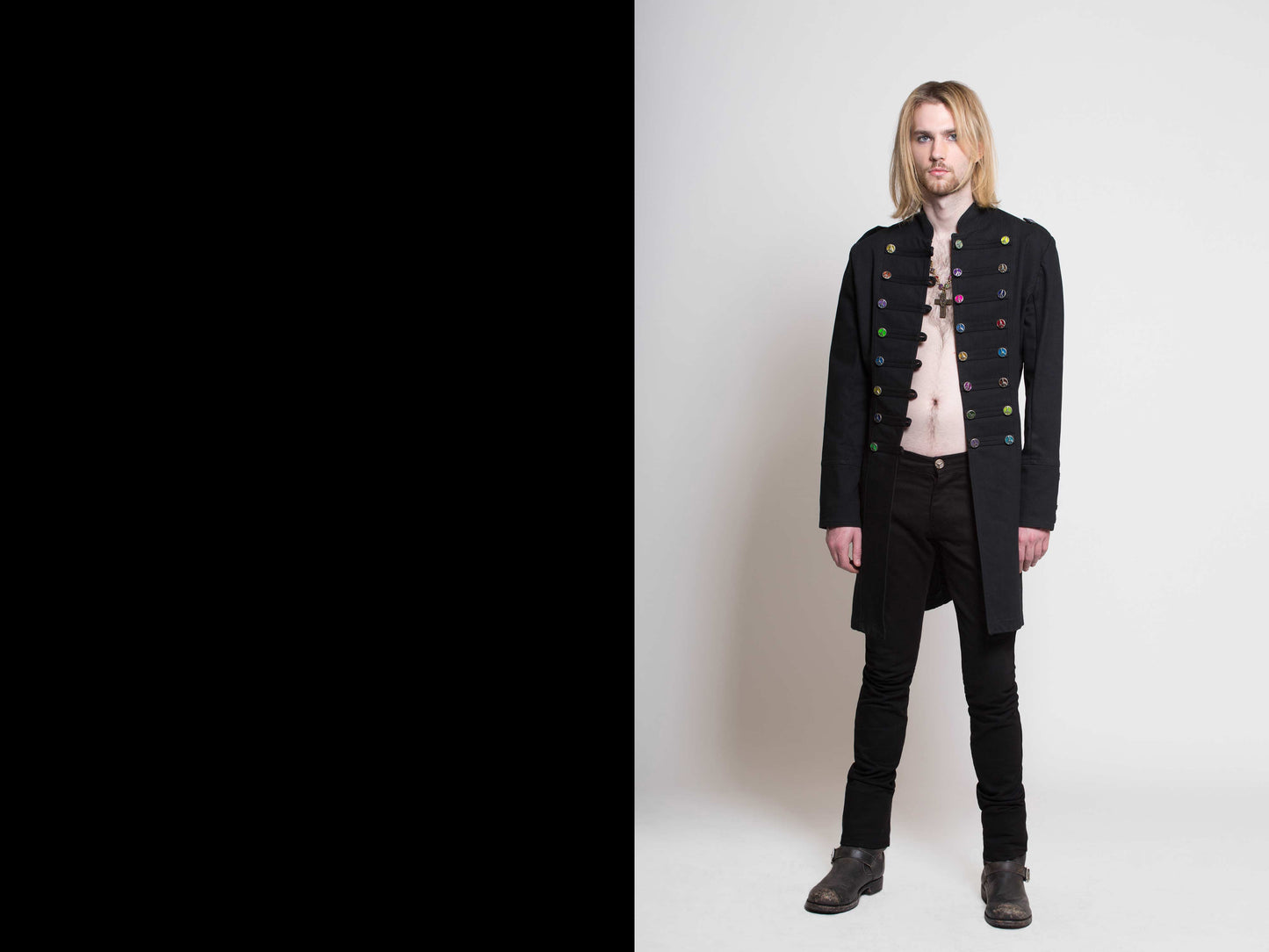 ‘THE JGERARD 39-BUTTON PEACE-MILITARY JACKET’…BLACK DENIM…CLOISONNÉ GLITTER MULTI-COLOURED BUTTONS…AWESOME FIT…