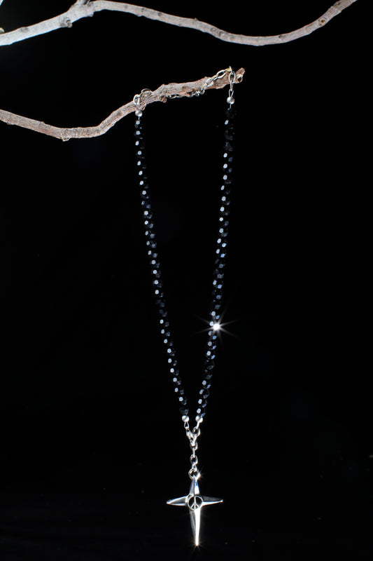 ‘Peace-Cross-Dagger’ Crystal Necklace…Black…6mm Beads…Antique Silver ‘Peace-Cross-Dagger’…Drop…