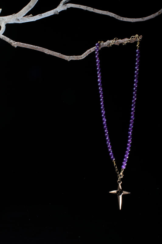 ‘Peace-Cross-Healing-Stone-Necklace’…Amethyst Stone…6mm Round Bead…Bronze ‘Peace-Cross-Dagger’ Drop…