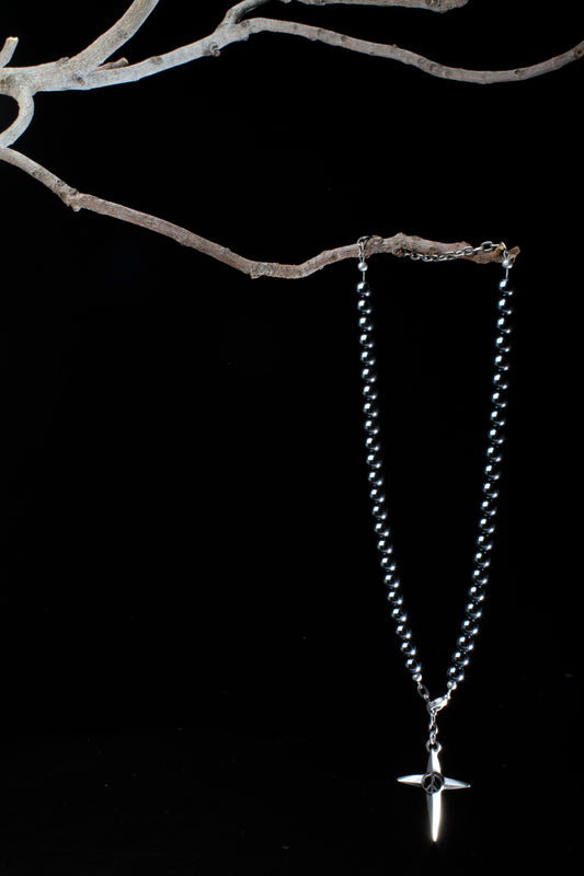 ‘Peace-Cross-Dagger’-Healing-Stone-Necklace’…Hematite Stone…6mm Round Bead…Antique Silver ‘Peace-Cross-Dagger’ Drop…