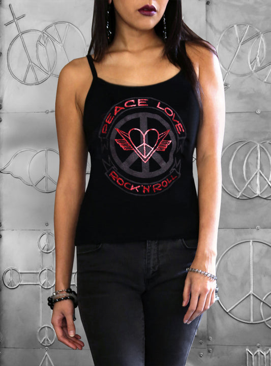 Peace Love Rock 'N' Roll Logo - Red Glitter - Spaghetti Strap
