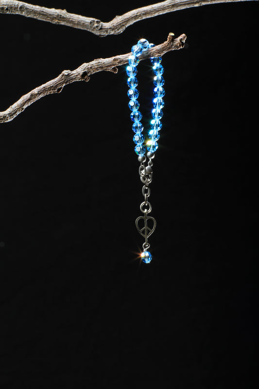 ‘Peace-Pearl Crystal Bracelet’…Aquamarine…6 mm Bead…Silver ‘Peace-Pearl Heart’… Drop