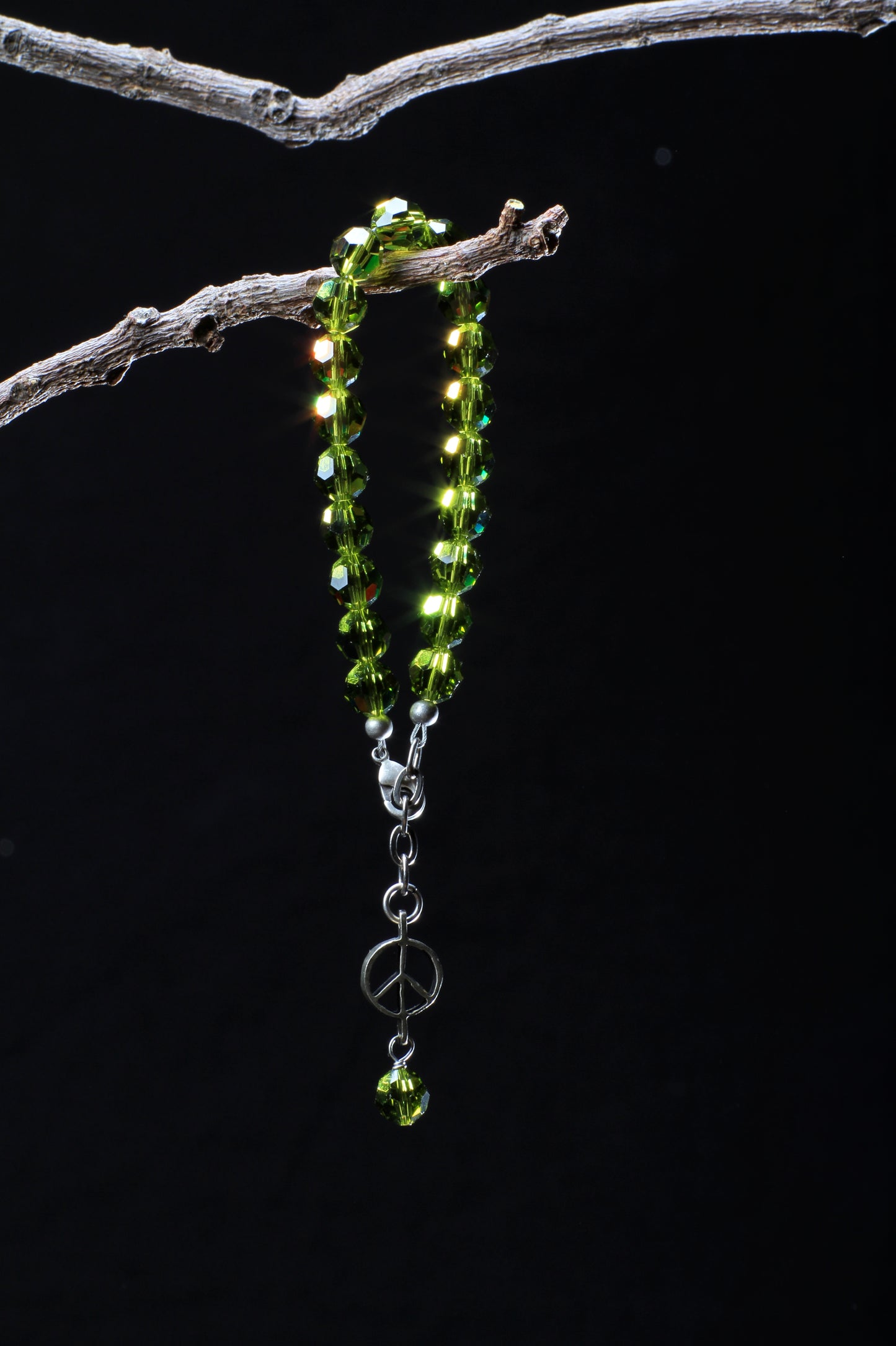 ‘Peace-Pearl’ Crystal Bracelet…Olive…8mm Bead…Silver Peace-Pearl’ Drop…