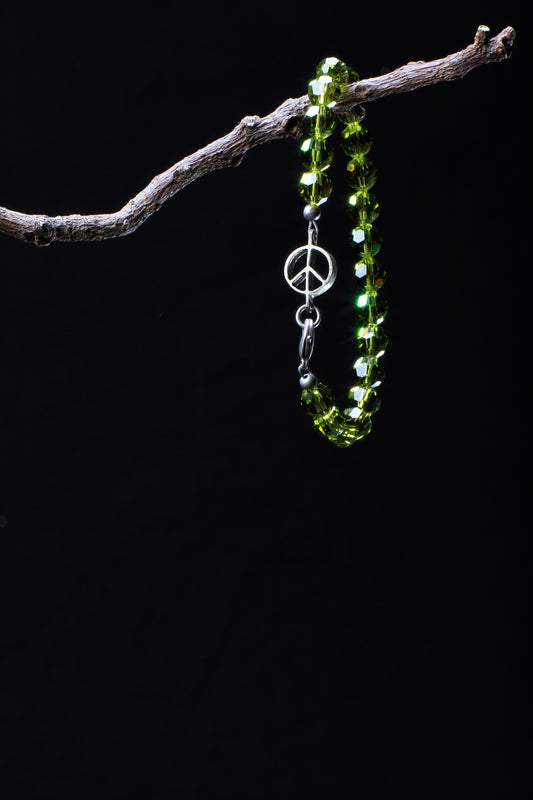 ‘Peace-Pearl’ Crystal Bracelet’…Olive…8mm Bead…Silver ‘Peace-Pearl’ Link…