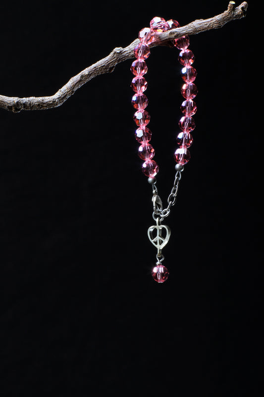 ‘Peace-Heart-Pearl’ Crystal Bracelet…Rose…8mm Bead…Silver ‘Peace-Heart-Pearl’ Drop…