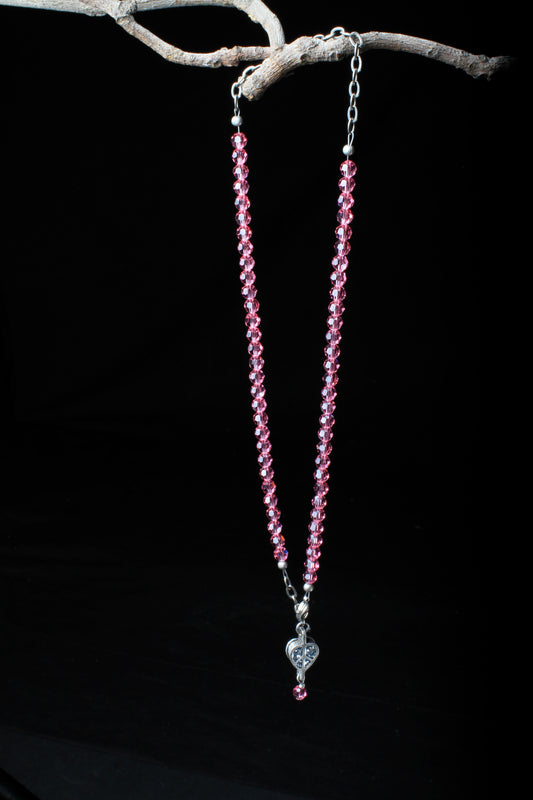 ‘Peace-Pearl’ Crystal Necklace…Rose…6mm Bead…Chrome Glitter Cloisonné ‘Peace-Heart Pearl’ Drop…