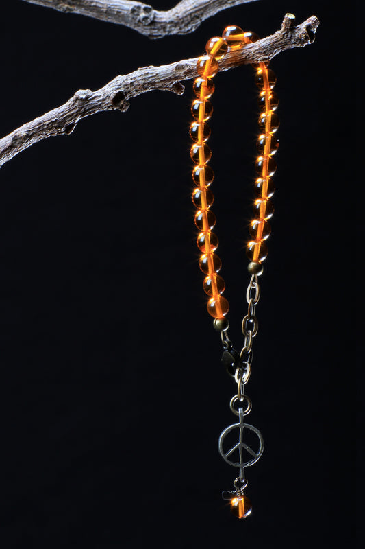 ‘Peace-Pearl’ Healing Stone Bracelet…Amber…Antique Bronze ‘Peace-Pearl’ Drop…