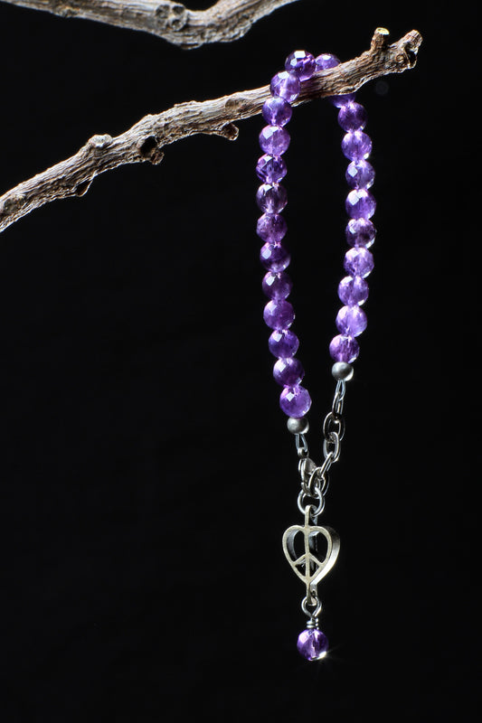 ‘Peace-Heart-Pearl’ Healing Stone Bracelet…Amethyst..Antique Silver ‘Peace-Heart-Pearl’ Drop…