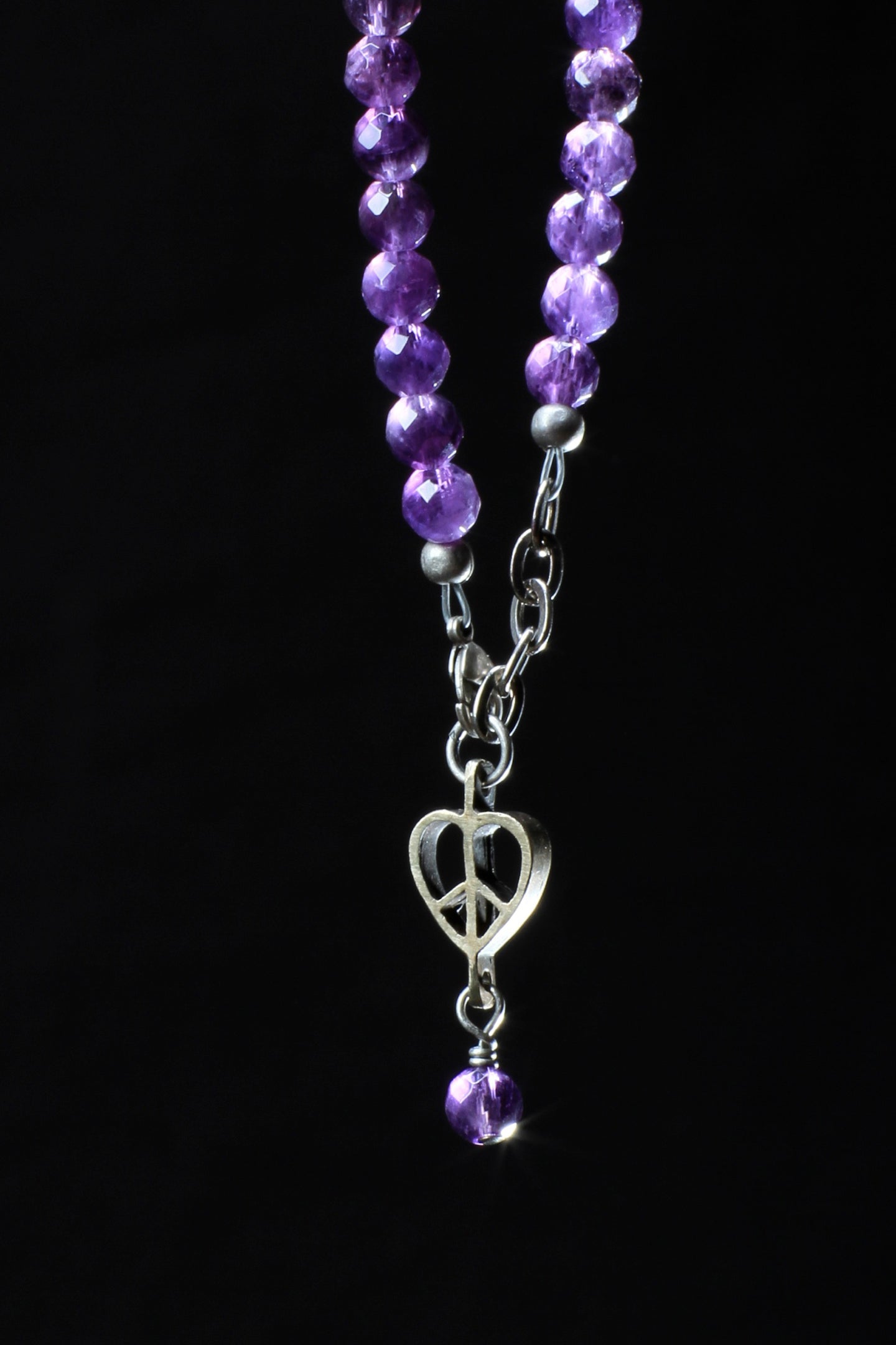 ‘Peace-Heart-Pearl’ Healing Stone Bracelet…Amethyst..Antique Silver ‘Peace-Heart-Pearl’ Drop…