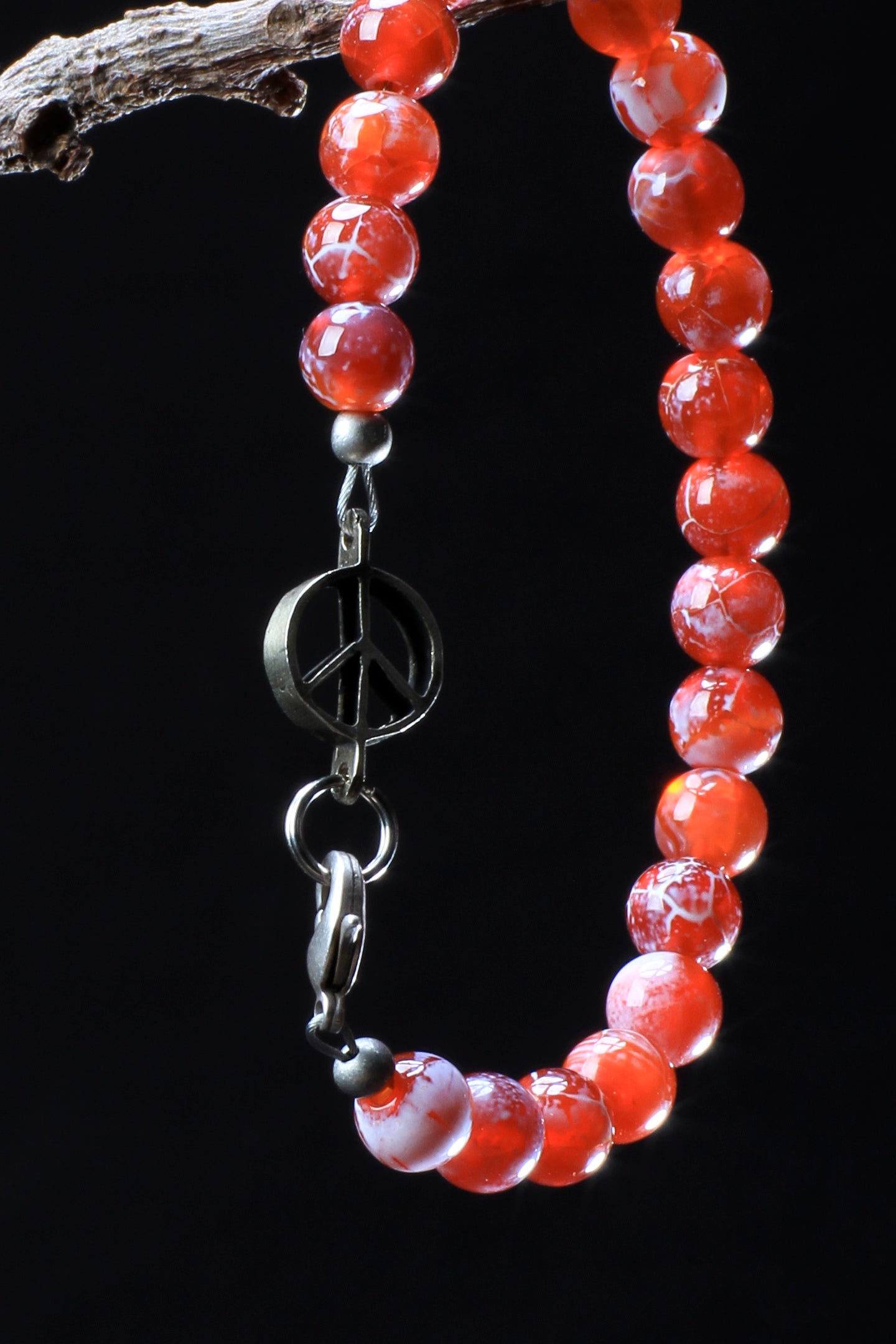 ‘Peace-Pearl’ Healing Stone Bracelet…Fire Crackle Agate…Antique Silver ‘Peace-Pearl’ Link…