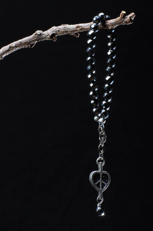 ‘Peace-Heart-Pearl’ Healing Stone Bracelet…Hematite Stone…Antique Silver…Gunmetal Glitter Cloisonné ‘Peace-Heart-Pearl’ Drop…