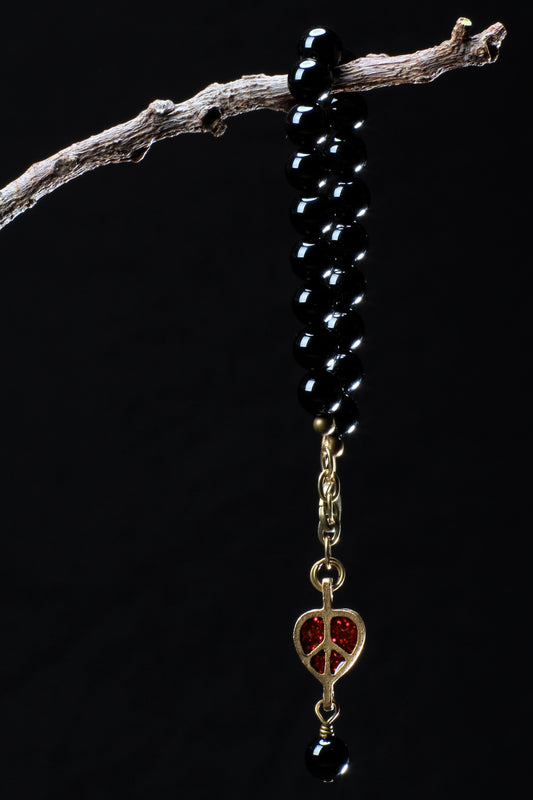 ‘Peace-Heart-Pearl’ Healing Stone Bracelet…Onyx Stone…Siam Red Glitter Cloisonné ‘Peace-Heart-Pearl’ Drop…