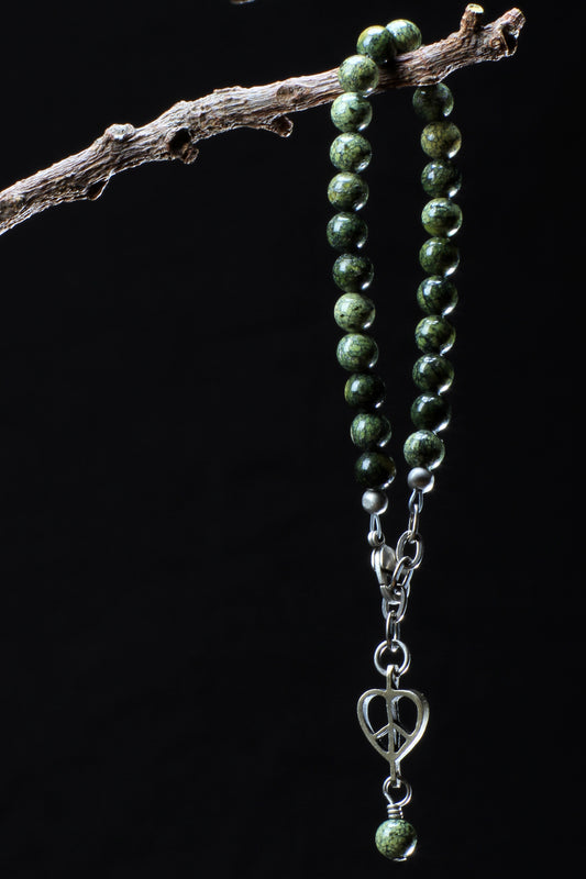 ‘Peace-Heart-Pearl’ Healing Stone Bracelet…Russian Serpentine…Antique Silver ‘Peace-Heart-Pearl’ Drop…