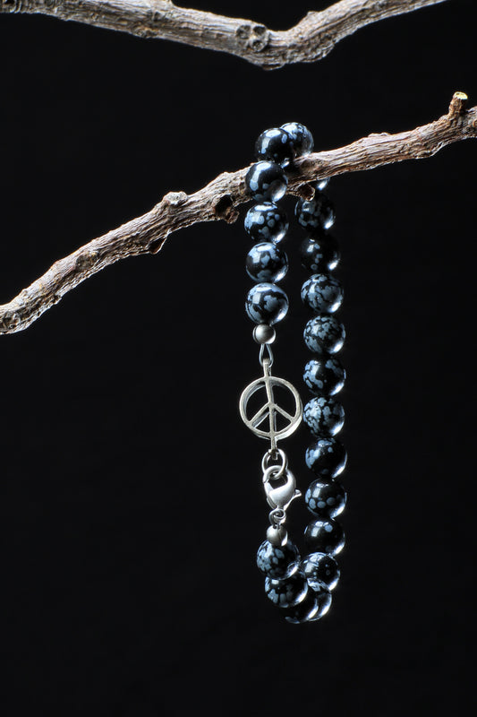 ‘Peace-Pearl’ Healing Stone Bracelet…Snowflake Obsidian…Antique Silver ‘Peace-Pearl’ Link…