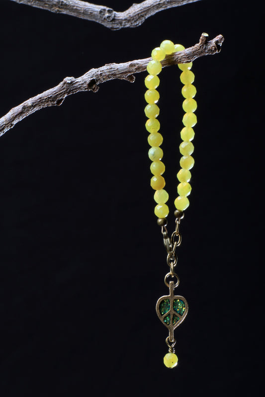 ‘Peace-Heart-Pearl’ Healing Stone Bracelet…Yellow Jade…Electric Lime Cloisonné ‘Peace-Heart-Pearl’ Drop…This Is Go’geous!