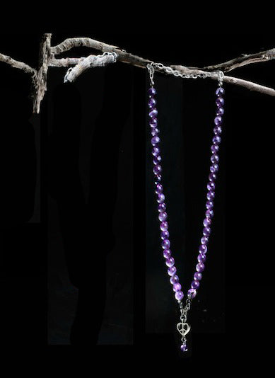 ‘Peace-Heart-Pearl’ Healing Stone Necklace…Amethyst…8mm Round Bead…Silver ‘Peace-Heart-Pearl’ Drop…