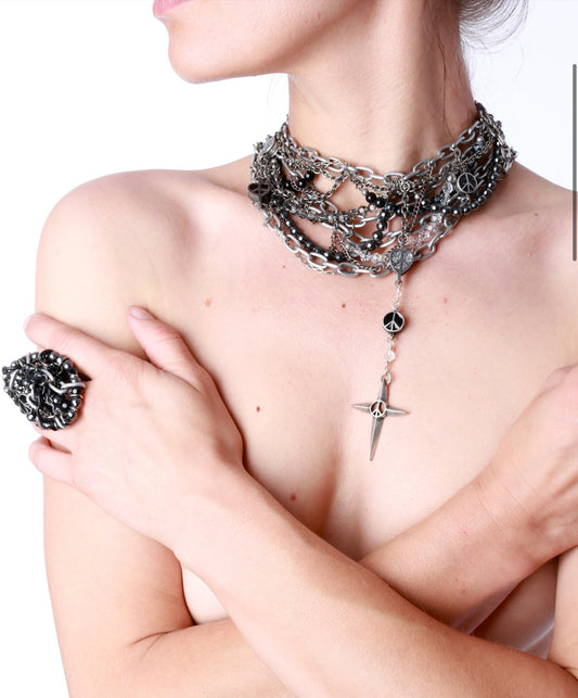 ‘Twisted-Rock ‘N’ Roll Sister’ Necklace/Choker…TOP SELLER!!!…DRIPPING With Antique Silver Metals & Black, Clear, Hematite, Black Diamond Swarovski Crystals…