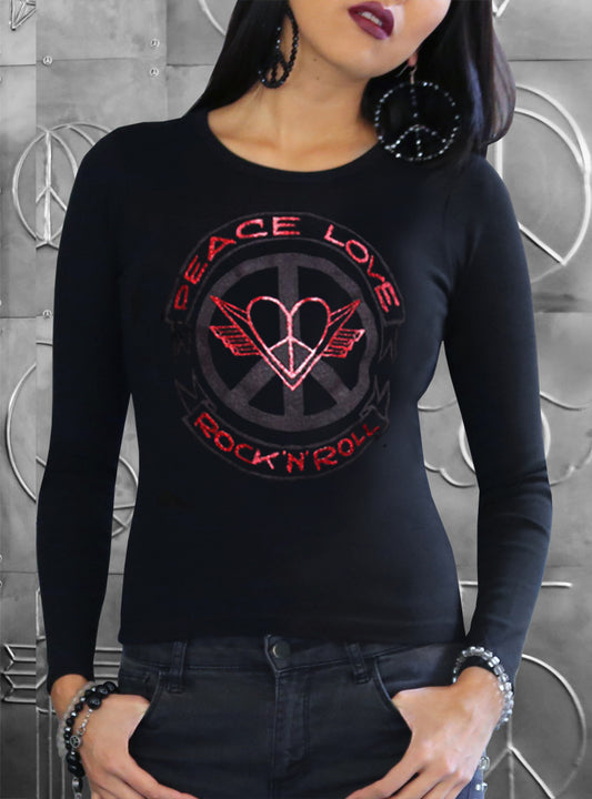 ‘Peace Love Rock 'N' Roll’ Logo…Red Glitter…Women's Long Sleeve Crew