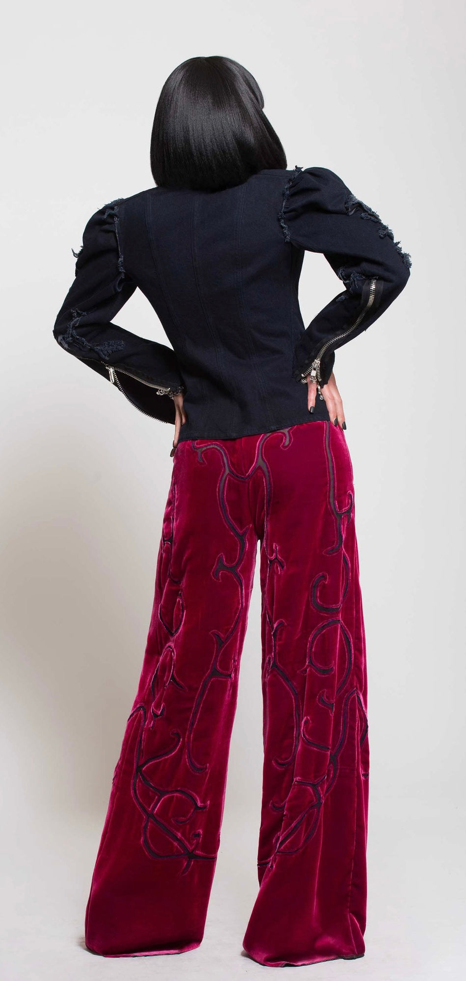 ‘ISIS SWIRL PANTS’ COUTURE…BLACK AND OLIVE SILK VELVET…HANDCRAFTED MAGIC…