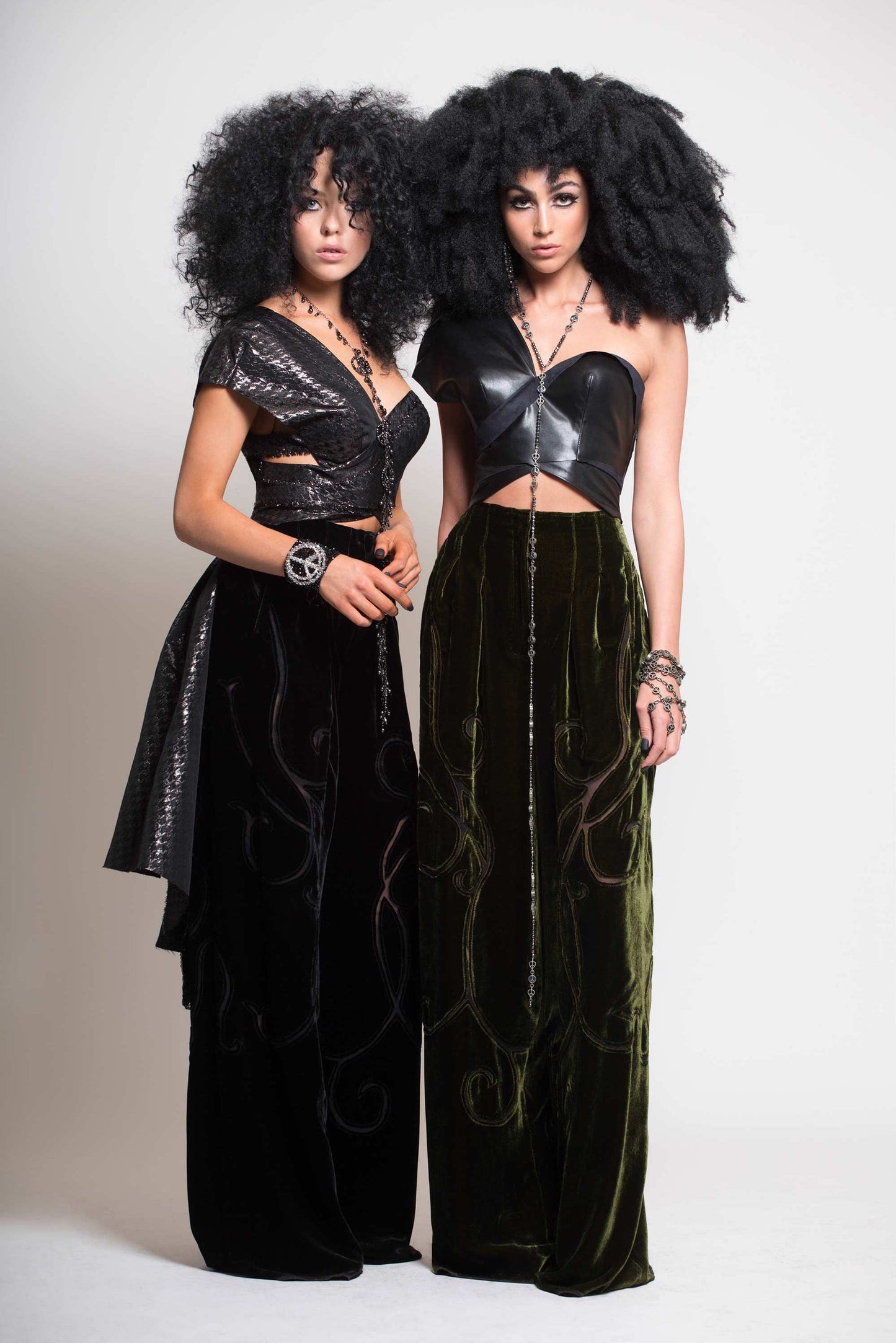 ‘ISIS SWIRL PANTS’ COUTURE…BLACK AND OLIVE SILK VELVET…HANDCRAFTED MAGIC…