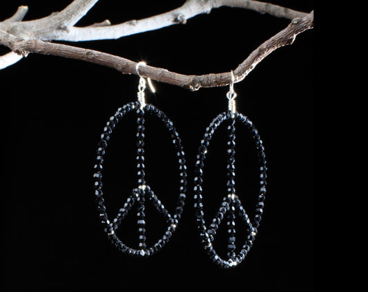 ‘Peace-Hoop-Earrings’…Swarovski Black Crystals…Sterling Silver Wire…